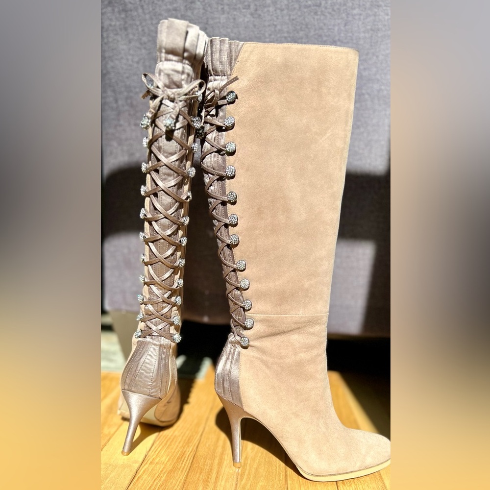 NWOT BOURNE BOOTS UK Designer Bejeweled Lace Up Satin & Suede Tan Sz EU37, US6.5